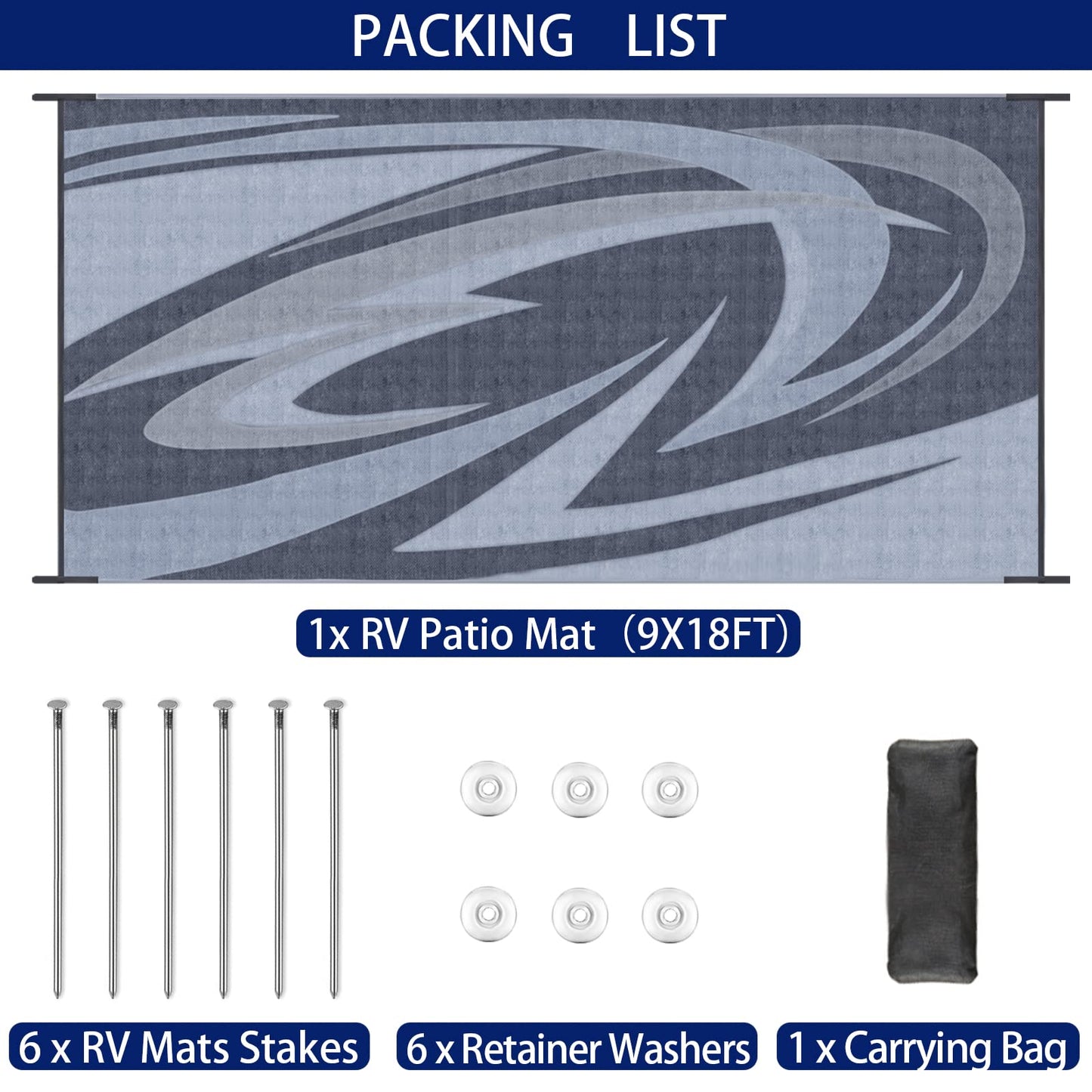 EEZ RV Products 9'x18' GW Heavy Duty Reversible/Durable Outdoor Patio/RVing Mats(9ft x18ft Grey) Come with Large Storage Bag & 6 Sets of Stakes and Washer