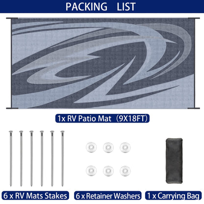 EEZ RV Products 9'x18' GW Heavy Duty Reversible/Durable Outdoor Patio/RVing Mats(9ft x18ft Grey) Come with Large Storage Bag & 6 Sets of Stakes and Washer
