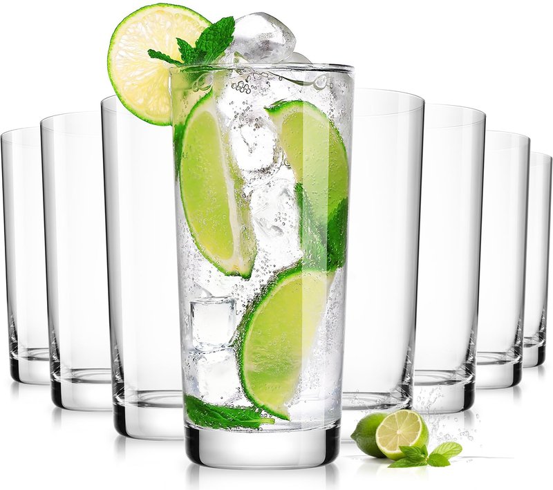 LUNA & MANTHA Drinking Highball Glasses Set of 8, Water Glasses 15.5 oz, Wide Mouth Design Lead-Free Crystal Glassware, Tall Glass Cups for Cocktail Parties, Family Dinners, Friends' Gatherings