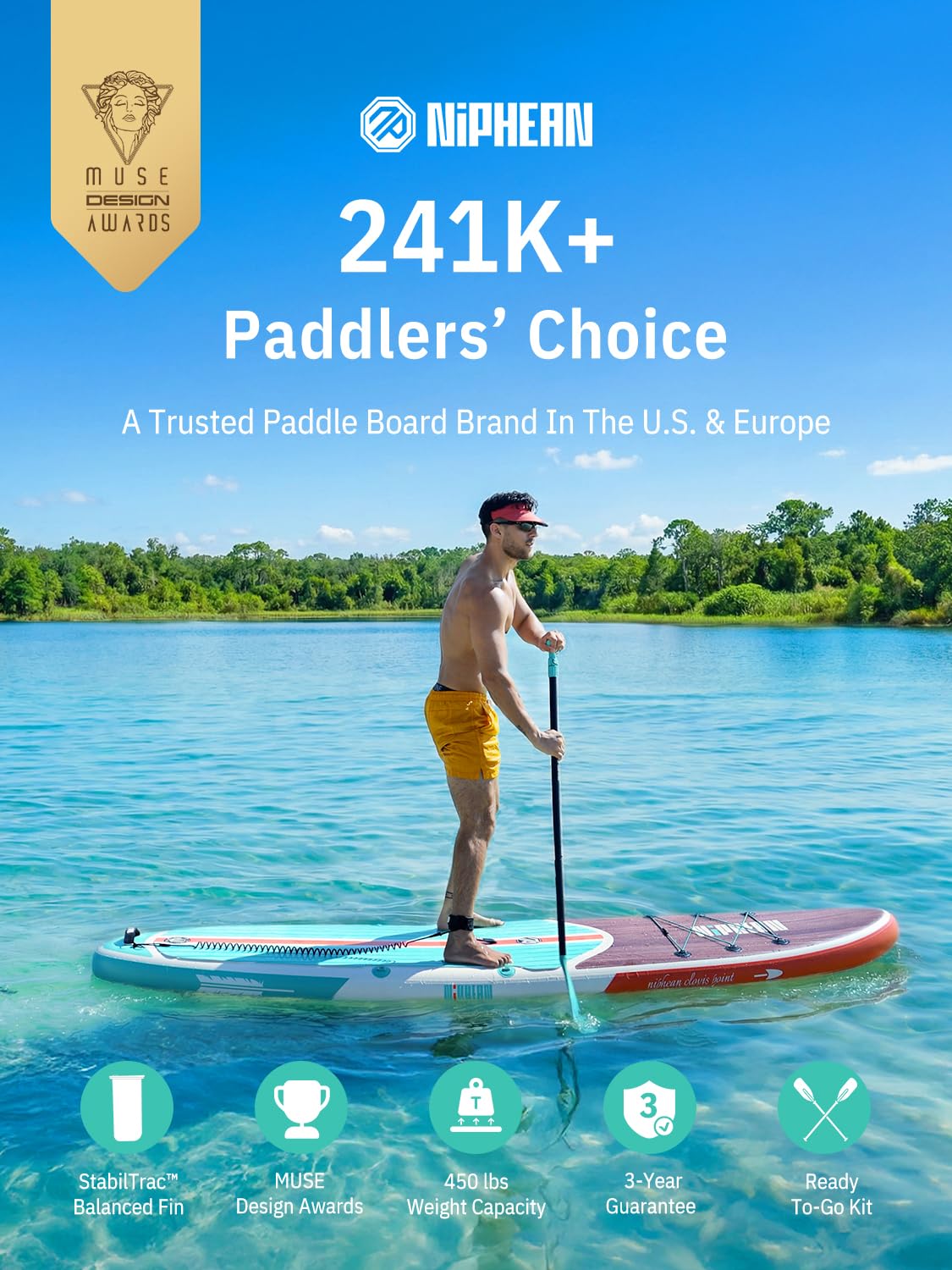 Niphean Paddle Board with Seat, 10’6’’ Paddleboard Inflatable Paddle Board with Seat Anti-Slip EVA Deck and StabilTrac Fin, Inflatable Paddle Boards for Adults & Youth of All Skill Levels