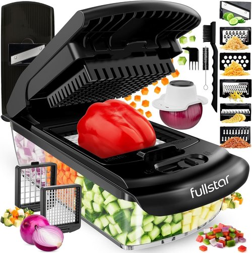 Fullstar Vegetable Chopper & Mandoline Slicer - 8-in-1 Food Chopper with Container & Julienne Slicer, Black