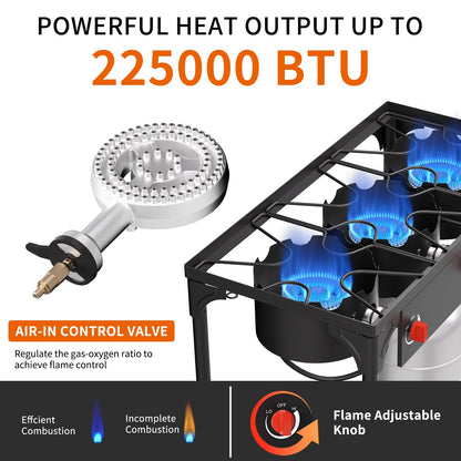 SKOK 3 Burner Propane Stove - Portable Camping Stove with 225,000 High Efficiency Propane Burner，Outdoor Stove for Camping, Backyard, Picnic