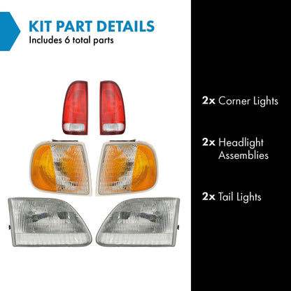 TRQ 6 Piece Headlight & Tail Light Assembly Set for 1997-2003 Ford F150, Clear, Model LKA55995