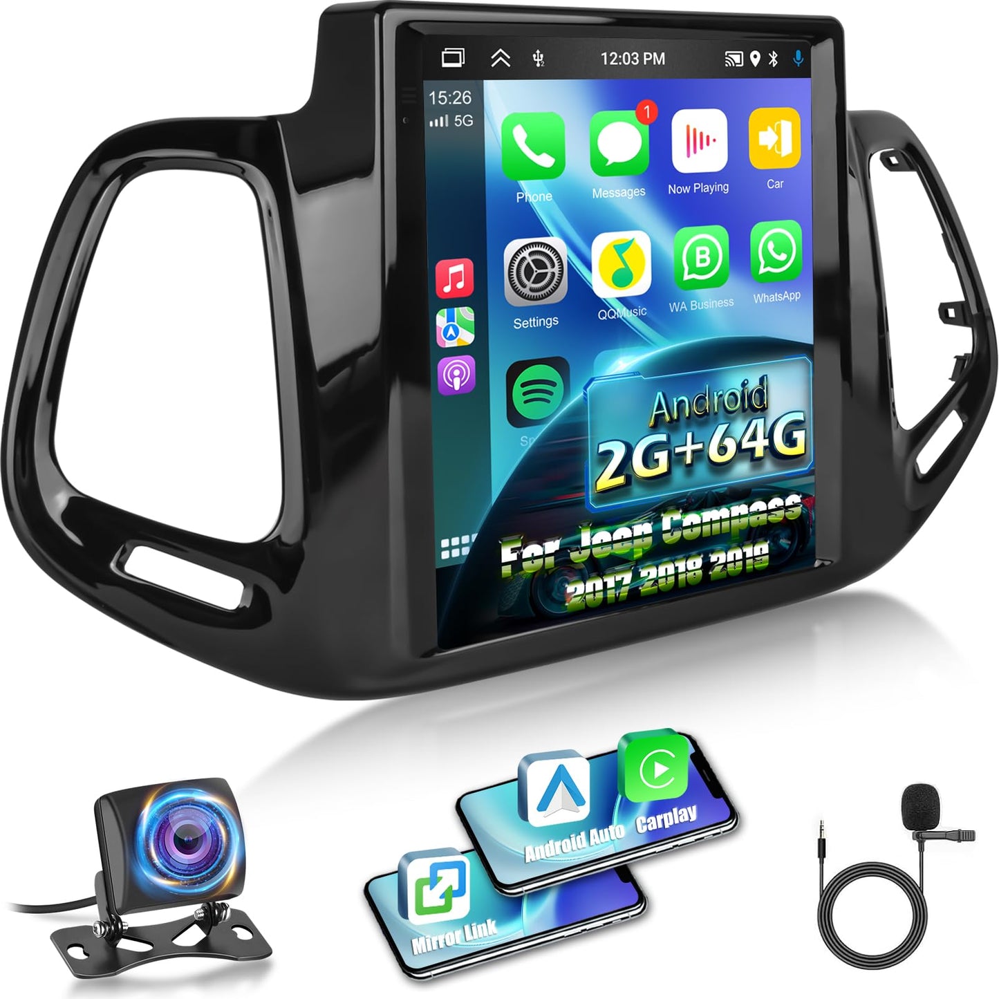 [2G+64G] Volxcereo Car Radio for Jeep Compass 2017 2018 2019, 9.7 inch Vertical Android Touchscreen Stereo with Carplay/Android Auto, GPS Navigation, WiFi, Bluetooth, SWC, FM/RDS, EQ