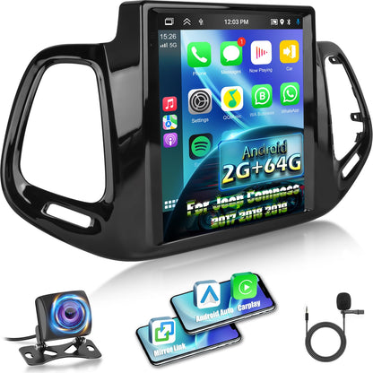 [2G+64G] Volxcereo Car Radio for Jeep Compass 2017 2018 2019, 9.7 inch Vertical Android Touchscreen Stereo with Carplay/Android Auto, GPS Navigation, WiFi, Bluetooth, SWC, FM/RDS, EQ