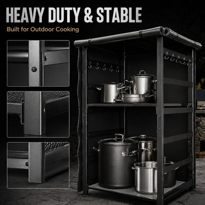 53 inch Multi-Purpose Outdoor Storage Organizer for Air Fryers, BBQ Tools and Gardening Gear – Heavy Duty Metal Utility Shelf with Adjustable Layers, Double Side Hooks and Compact Patio Design