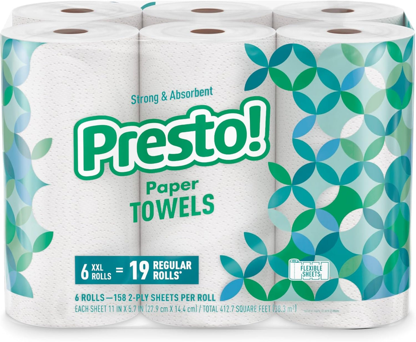 Presto! Ultra-Strong Premium Paper Towels - Flex-a-Size, 158 Sheets, 12 Huge Rolls | Equivalent to 38 Regular Rolls, White