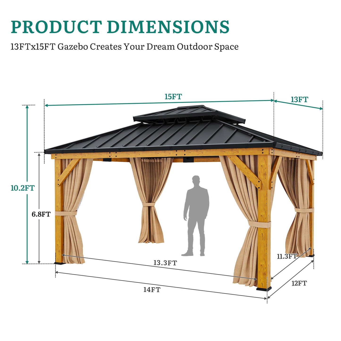 YITAHOME 13X15 Wood Gazebo Hardtop with Nettings and Curtains, Heavy Duty Double Roof Galvanized Steel Outdoor Wood Frame Roof for Patio, Backyard, Deck, Lawns