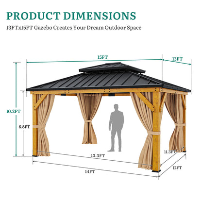 YITAHOME 13X15 Wood Gazebo Hardtop with Nettings and Curtains, Heavy Duty Double Roof Galvanized Steel Outdoor Wood Frame Roof for Patio, Backyard, Deck, Lawns