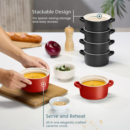 Kook Soup Crocks - Stackable Ceramic Bowls | Oven, Microwave & Dishwasher Safe | 18 oz Capacity, Set of 4 - Matte Red