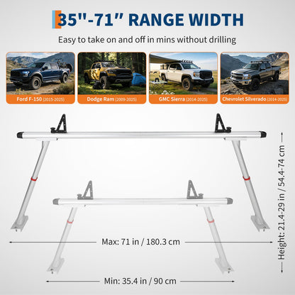 Truck Ladder Rack 35.4-71 Inch Adjustable Heavy Duty Pickup Bed Cargo System 800 LB Capacity Aluminum Kayak Lumber Work Equipment Carrier with Drilling Mount for Ford Chevy RAM