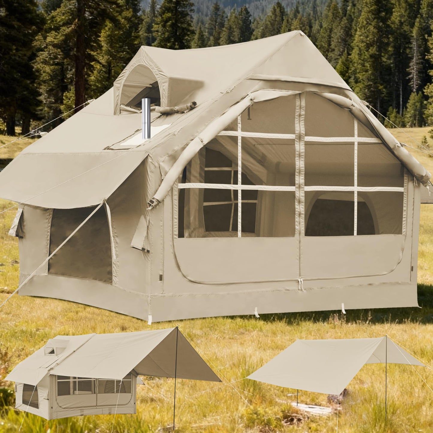 SANHOVO Inflatable Tents for Camping - Easy Blow Up Glamping Tent with Hand Pump, Hot Tent with Stove Jack Waterproof PVC Air Inflatable Tent House for Family Weekend Camping 4-6 Person 4 Season