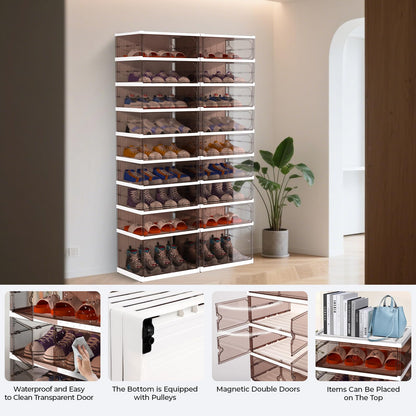 FAHKNS 9 Tier 18 Pairs Foldable Shoe Rack with Wheels, Portable Plastic Shoe Storage Cabinet with Clear Magnetic Doors Space Saving No Assembly for Entryway, Living Room, Closet