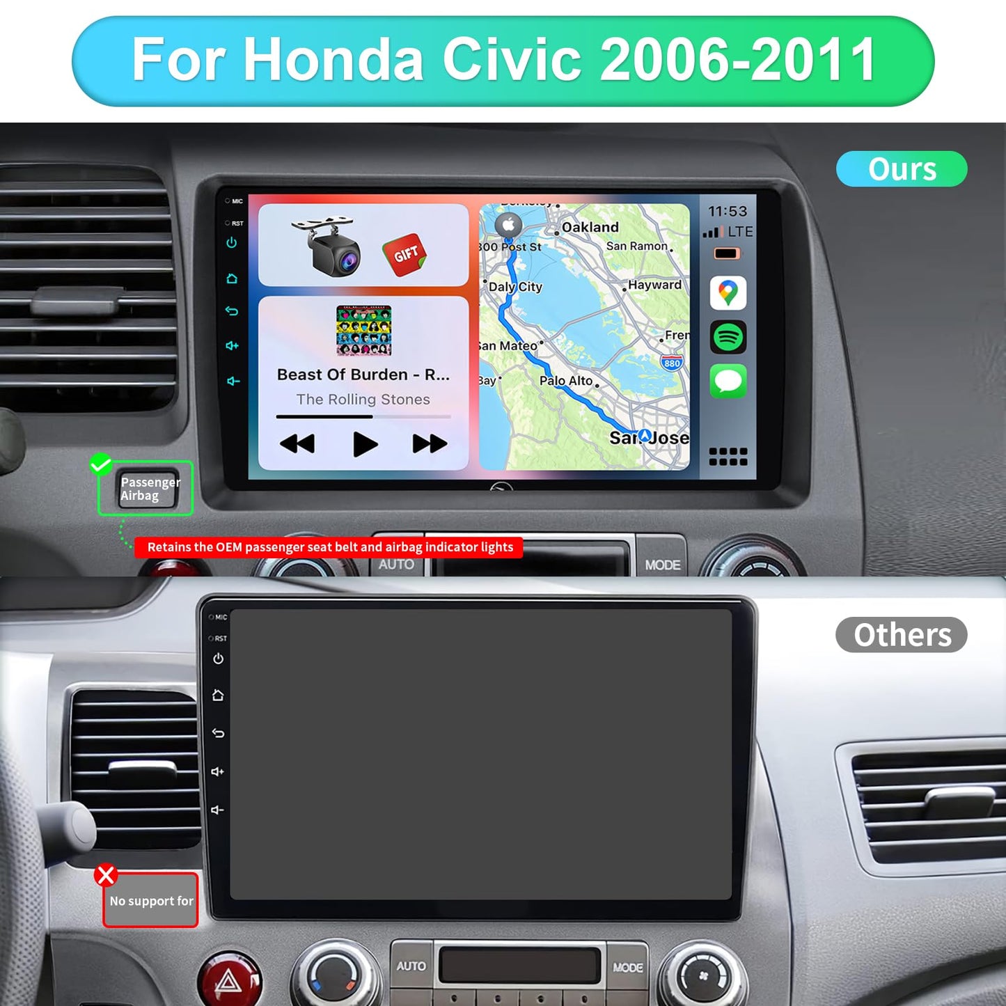 Car Stereo Radio for Honda 2006 2007 2008 2009 2010 2011 with Wireless Carplay & Android Auto,9 Inch 1080P Touch Screen for Civic Radio with Airbag Indicator Bluetooth FM Mirror Link SWC Camera