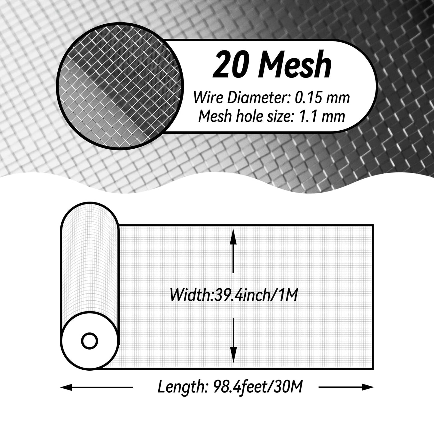 ModaCraft 304 Stainless Steel Window Screen Roll, 39.4" x 98.4 ft Heavy Duty Screen Mesh for Window, Door, Patio, Porch & Sliding Door, Rust-Proof Insect Screen Replacement, Durable Metal Screen Wire
