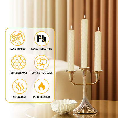 KONNI Natural Beeswax Taper Candles, 0.87 inch x 7.87 inch Hand-Rolled, Unscented, Smokeless Beeswax, Long Burning Time, Flat Top (Pack of 3), for Weddings, Dinner Parties, Spas, and Home Decor