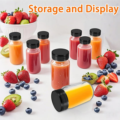 SAIAOKJ 9 Pack Glass Bottles with Lids - 2 oz Wide Mouth Leakproof Reusable Juice Travel Bottles with Labels for Ginger Shot, Turmeric Juice, Whiskey & Camping