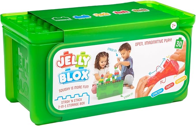 Jelly Blox Stash 'N Stack 2-in-1 Storage Case with 30 Blocks | Toddler &amp Preschool Building Blocks Kids Can Squeeze &amp Stretch | MESH ACCREDITED | Safety Tested &amp Ouch-Free | Sensory Play T