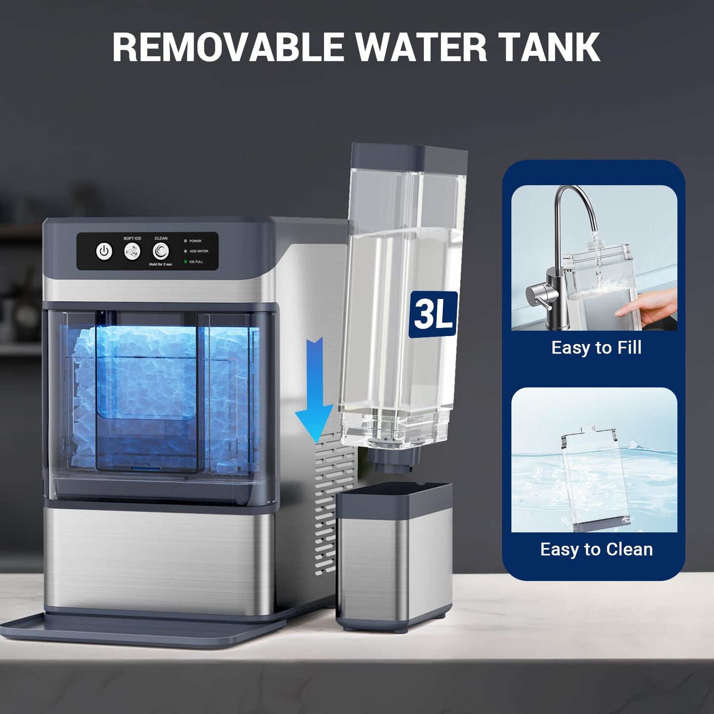 Nugget Ice Maker Countertop, 44lbs/24H with 0.8 Gallon Tank, ETL Approval, Chewable Soft Pellet Ice Ready in 5 Mins, Stainless Steel Countertop Ice Maker with Self-Cleaning for Home, Office, RV