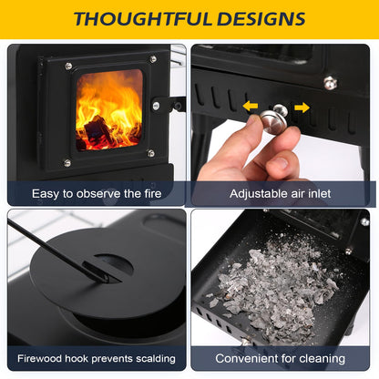 Black Wood Burning Tent Stove, 7 Section & 6 ft height Stainless Steel Chimney with diameter 2.24", Kungka Portable Hot Tent Stove for Heating & Cooking, Camping, Hunting, Ice Fishing