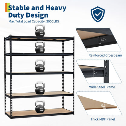 PeakPursuit Storage Shelving Unit, 5-Tier Adjustable Metal Storage Shelves, 60" L x 24" W x 72" H Heavy Duty Garage Storage Shelves for Kitchen Pantry Basement Bathroom Laundry