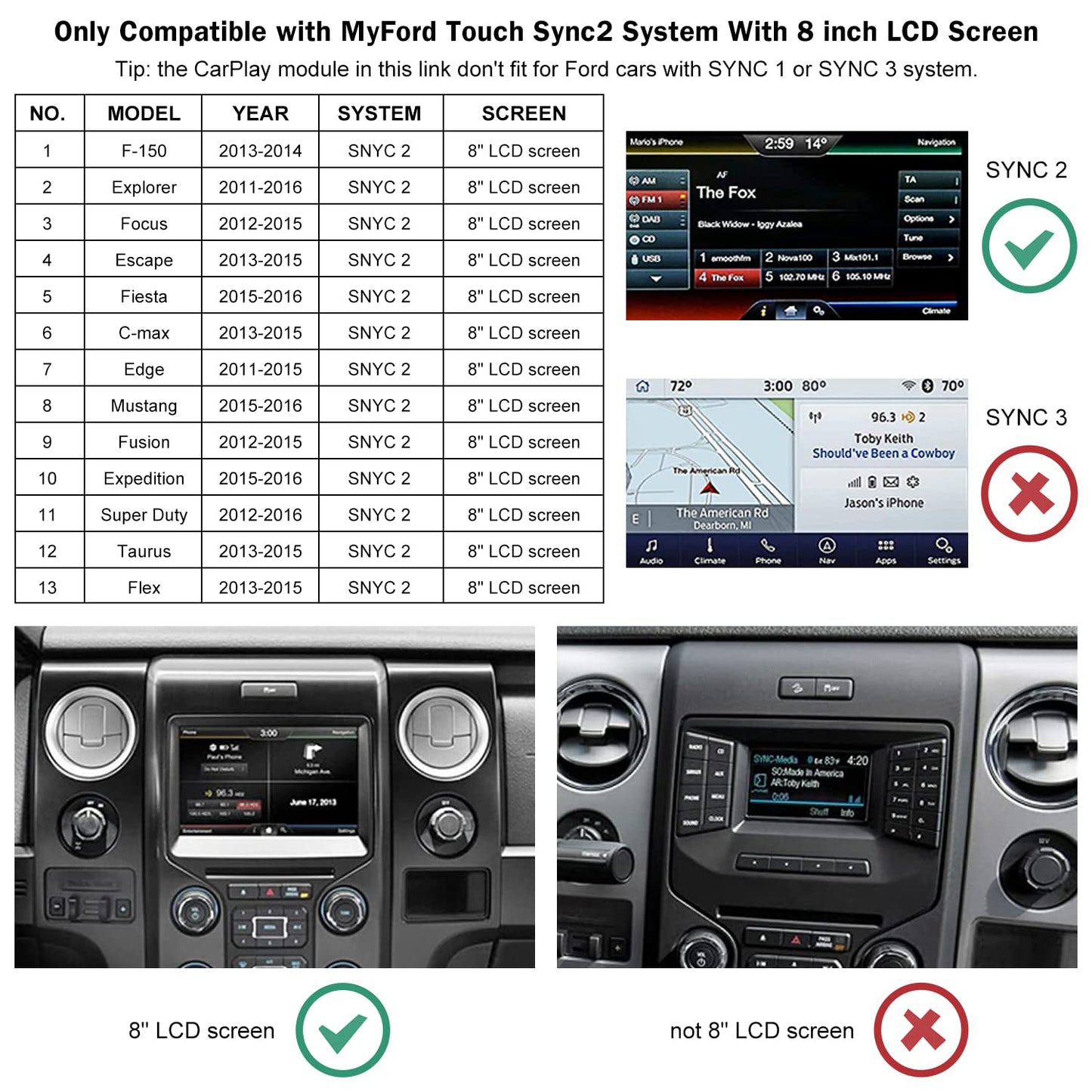 Road Top Wireless CarPlay Android Auto Retrofit Kit for Ford Sync 2 (2013–2015) with 8" Factory Screen, CarPlay Interface Decoder for F150 Explorer Escape Focus Edge Expedition Fiesta Flex
