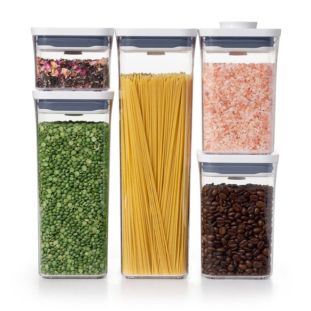 OXO Good Grips 6 Piece Large Canister Set with Scoops, 4.4 qt each, White & Good Grips 5-Piece POP Container Set