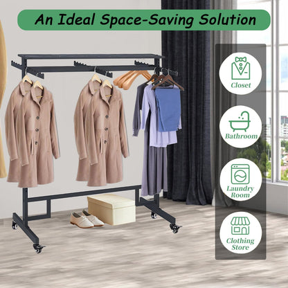 Clothing Rack with adjustable 8 Arms, Garment Rack Display Stand with Wheels and Shelf, Metal Clothes Hanger with Double Rod, Large Boutique Retail Stores Storage (Black, 59 * 19.6 * 61.02in)