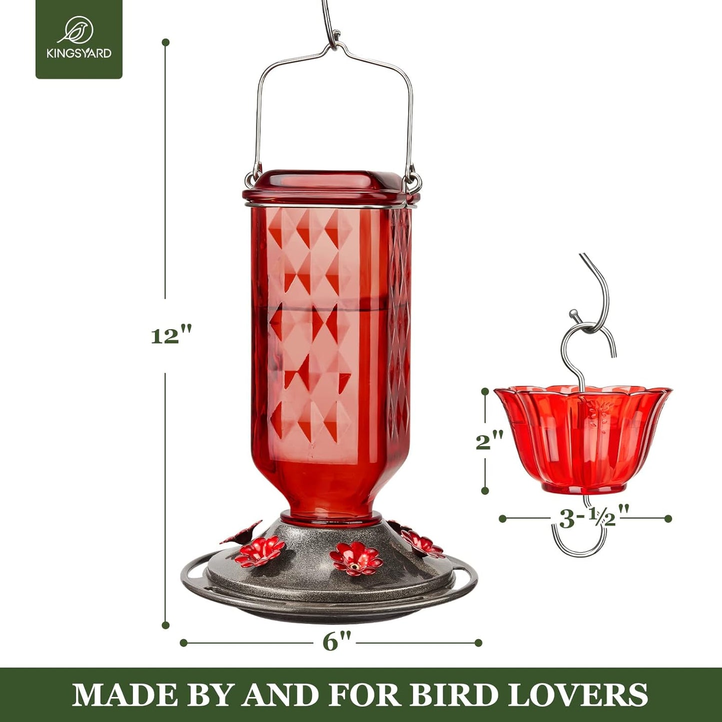 Kingsyard Hummingbird Feeder - 24 Ounce Glass Nectar Feeder with 6 Ports & Ant Moat | Red Garden Décor