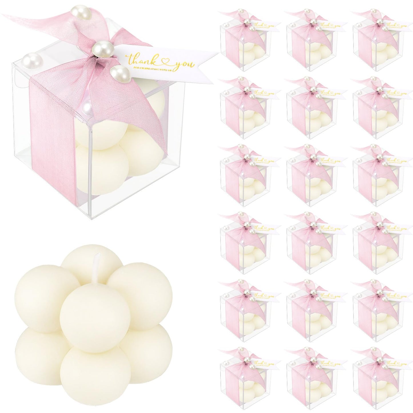 Nuanchu 30 Sets Bridal Shower Favors Pink 1.6" Mini Bubble Candles Wedding Favors Gifts for Guests Aesthetic Bubble Candles Baby Shower Favor with Thank You Card Ribbon for DIY Baptism Gift