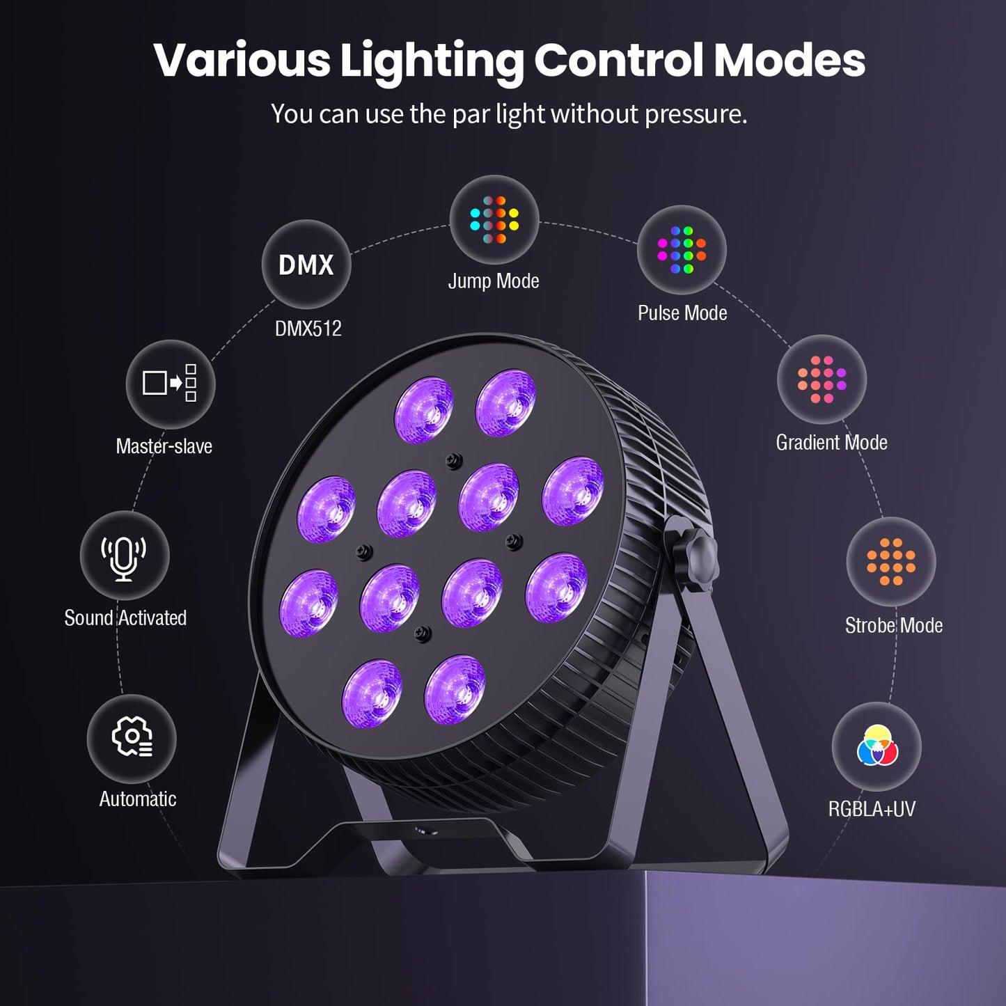Betopper LED Stage Lights, 12X18W DJ Par Light, RGB+Lime+Amber+UV 6-in-1 Wash/Strobe Effect Stage Lighting, DMX512/Sound Activated Uplighting Lights for DJ, Parties, Concerts, Bars, 4-Pack