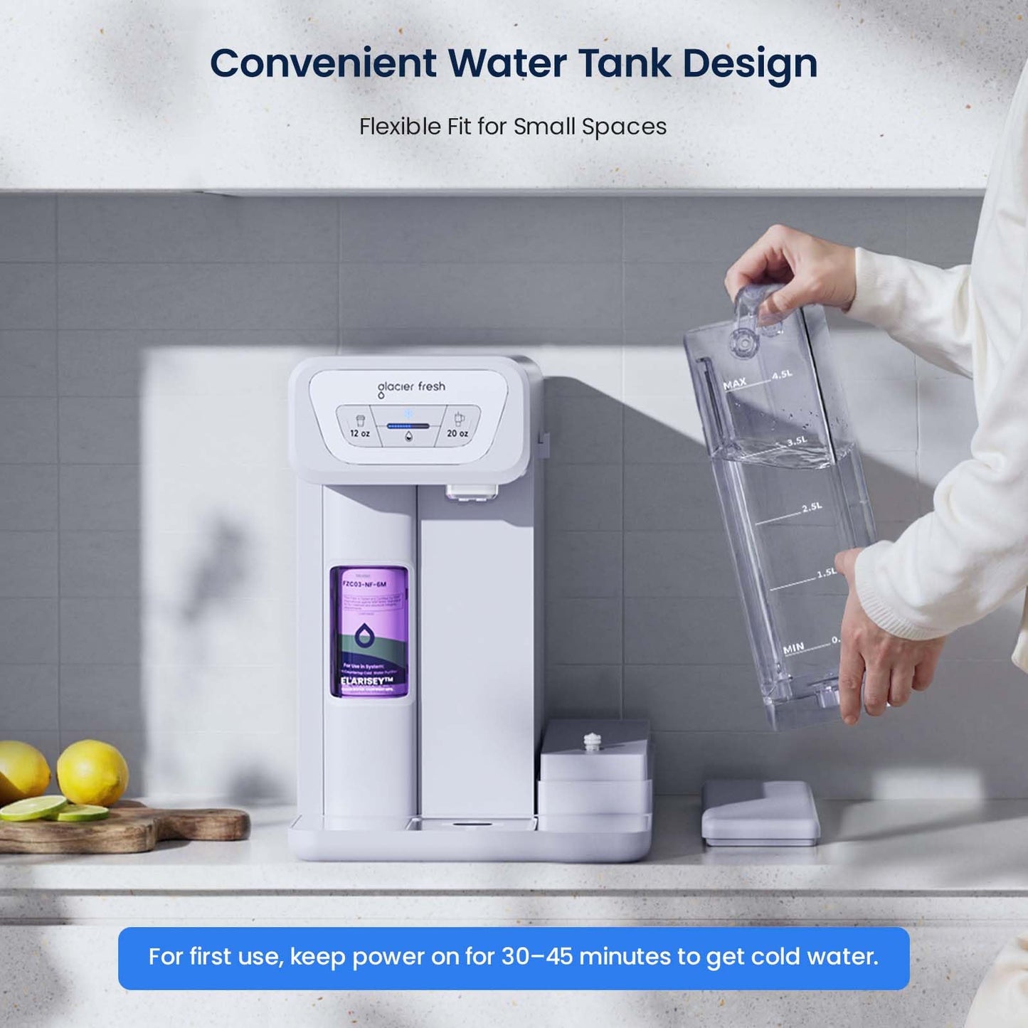 GLACIER FRESH C03 Coolon Countertop Cold Water Purifier with Upgraded Elarisey™ Filtration, Zero Wastewater System, 40oz Cooling Capacity, Low Noise, Plug & Play, NSF42&53/FCC/CA65 Certified.