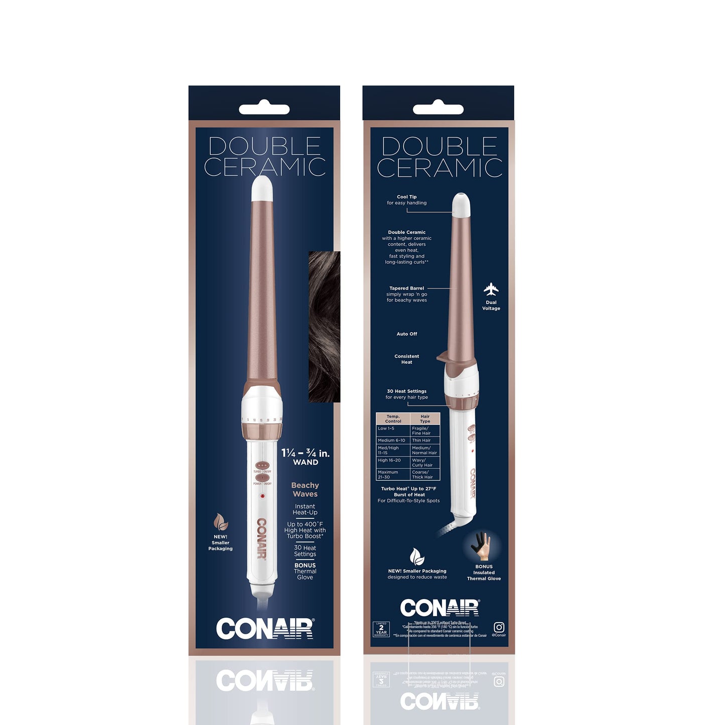 Conair Double Ceramic 1 1/4-inch to 3/4-inch Curling Wand, Tapered Wand Produces Beachy Waves, White