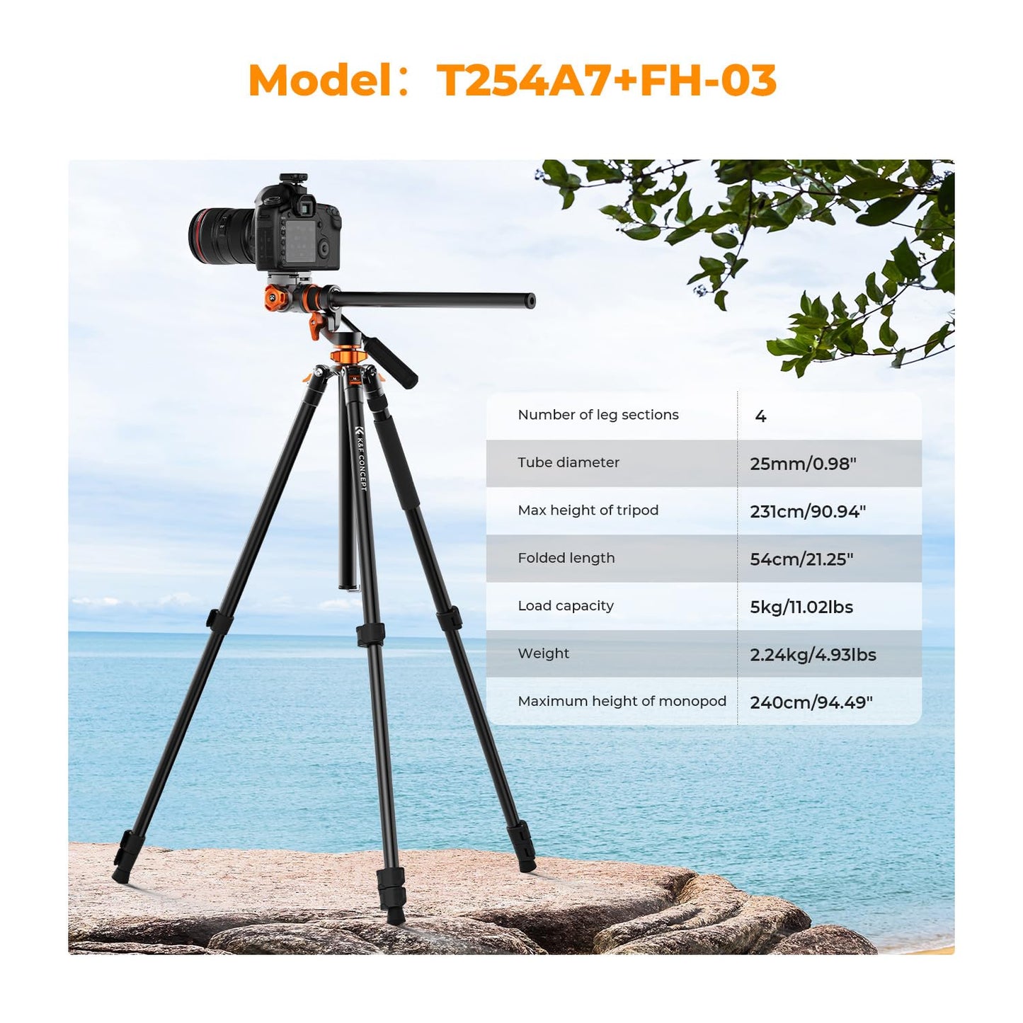 K&F CONCEPT 90''/230cm Overhead Camera Tripod, Horizontal Shooting Video Tripods with Fluid Head Heavy Duty, Detachable Monopod, for Indoor and Outdoor Use T254A7+FH-03