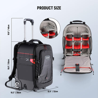 Neewer 2-in-1 Rolling Camera Backpack Trolley Case - Anti-Shock Detachable Padded Compartment, Hidden Pull Bar, Durable, Waterproof for Camera,Tripod,Flash Light,Lens,Laptop for Air Travelling(Black)