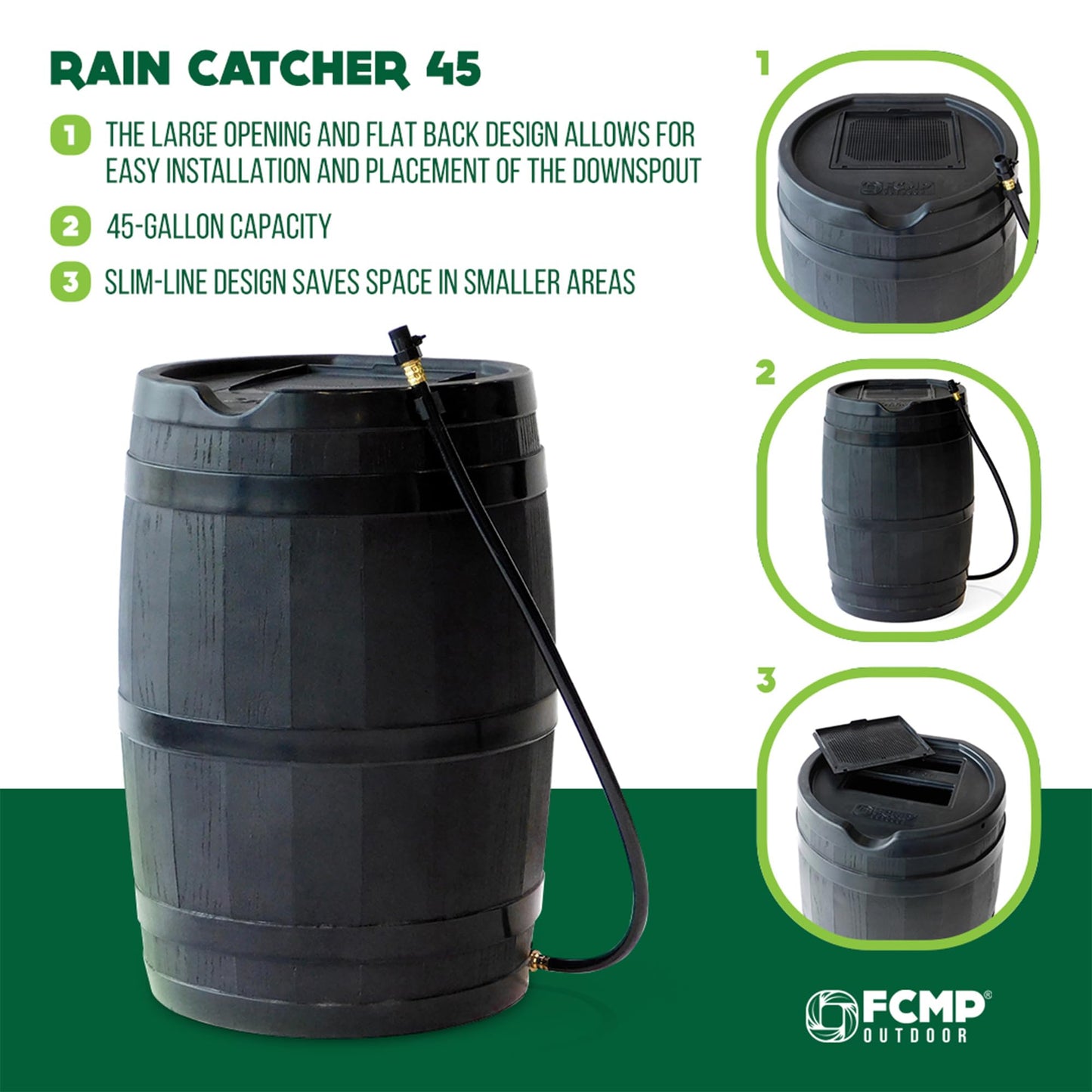 FCMP Outdoor 45 Gallon Heavy Duty Rain Water Catcher Barrel Container with Hose and Debris Screen for Outdoor Plants, Garden, and Landscapes (RC45-BLK) Black