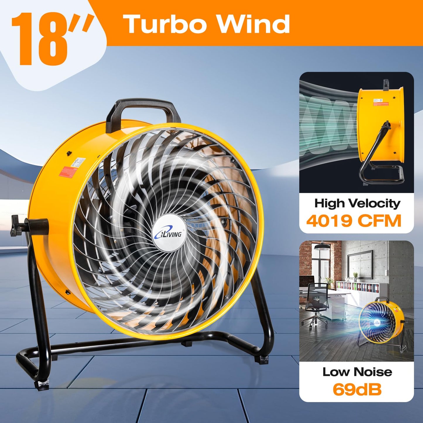 iLiving 18 in. Low Noise Turbo Fan 4019 CFM 3-Speed Portable Air Circulator for Shop, Office, Greenhouse, Home and Warehouse