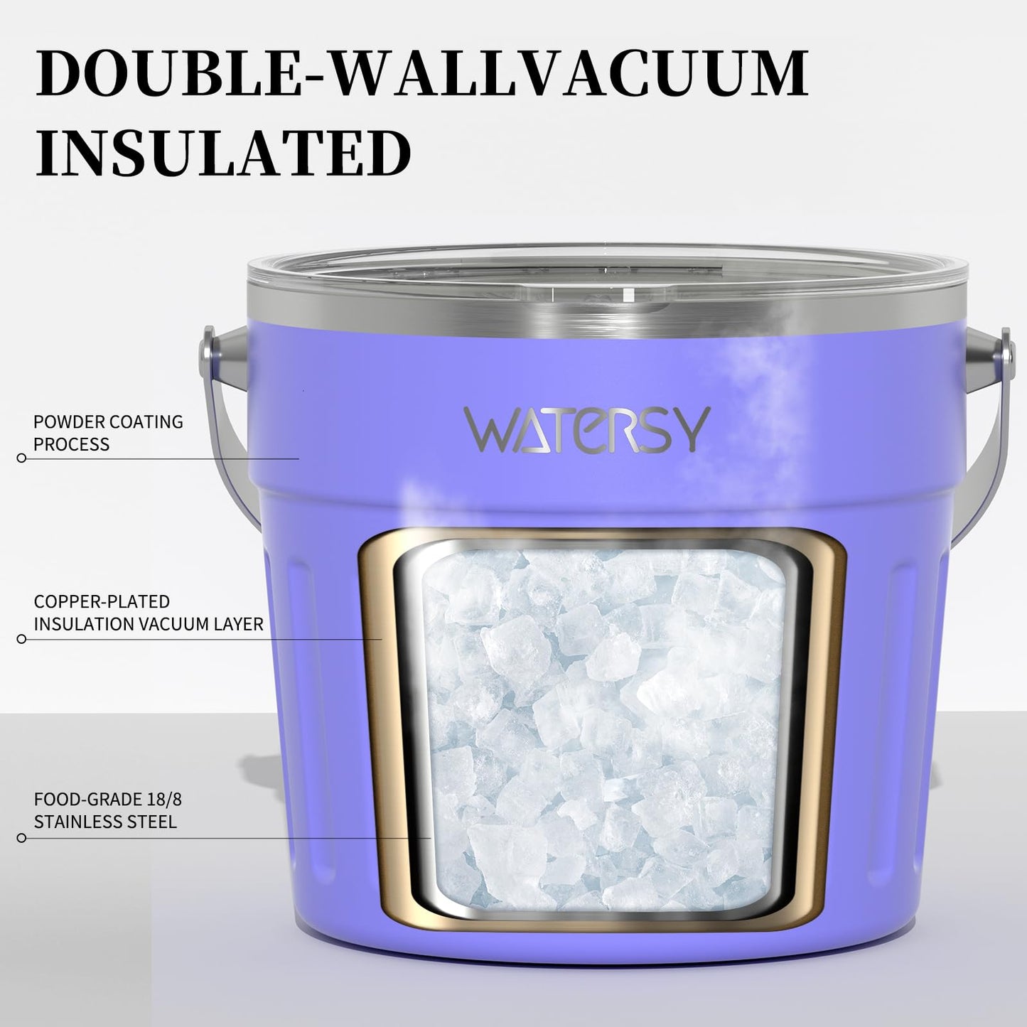 WATERSY Insulated Ice Bucket（8 Quart / 7.6 L） with Lid, Scoop, Ice Tong，Wall Vacuum Stainless Steel, Purple