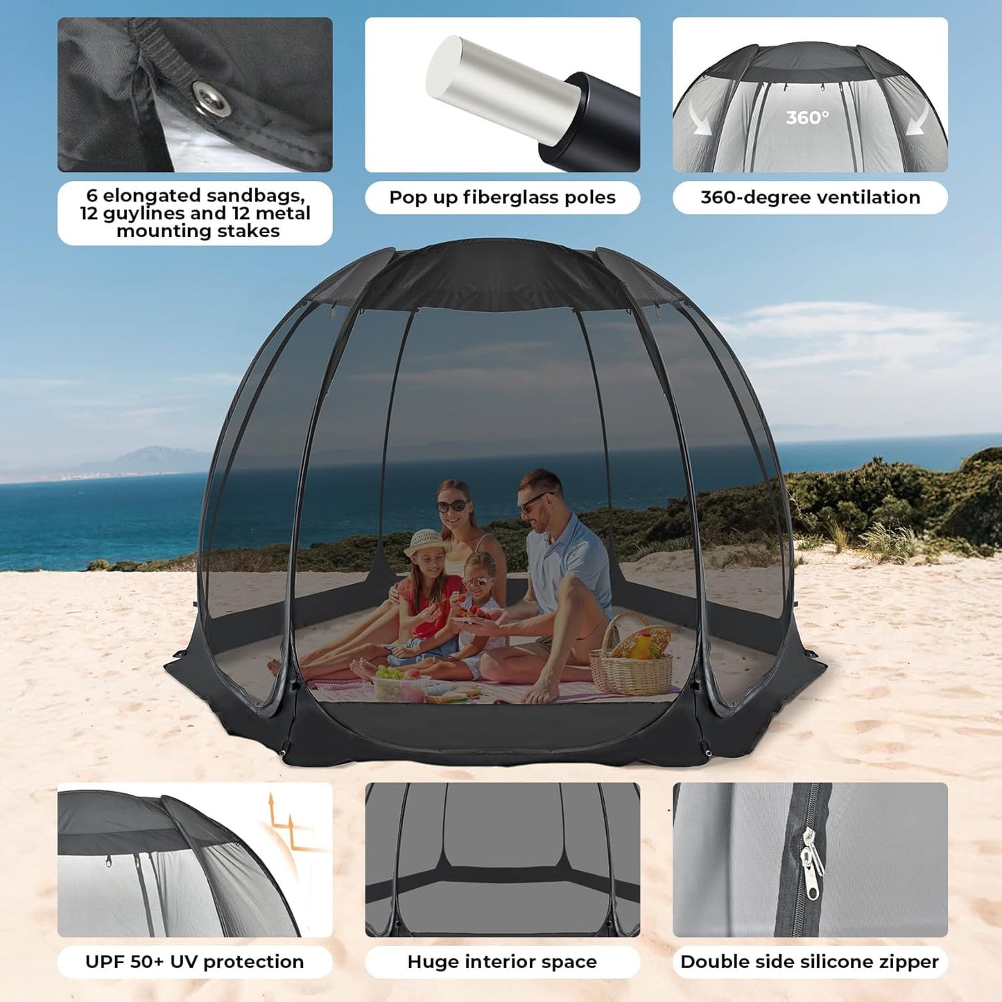 Alvantor® Pop Up House Tent, Outdoor Screen Room, Canopy Tent with UV Resistant, Easy Up Foldable Screen House for Camping Garden, Black, 10 x10 FT