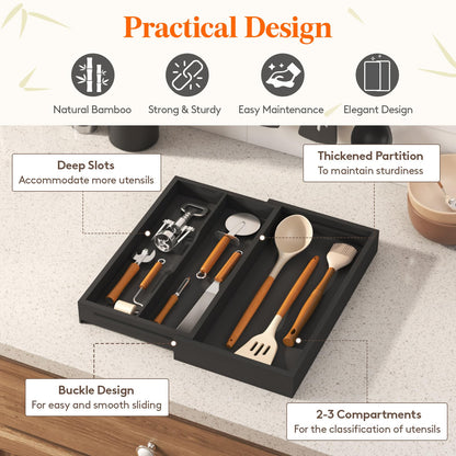 Lifewit Utensil Organizer for Kitchen Drawer, Expandable 13 to 22.4 Inches Wide, Adjustable Cooking Silverware Tray, Bamboo Cutlery Flatware Holder, Spatula Tools and Gadgets Storage Divider, Natural