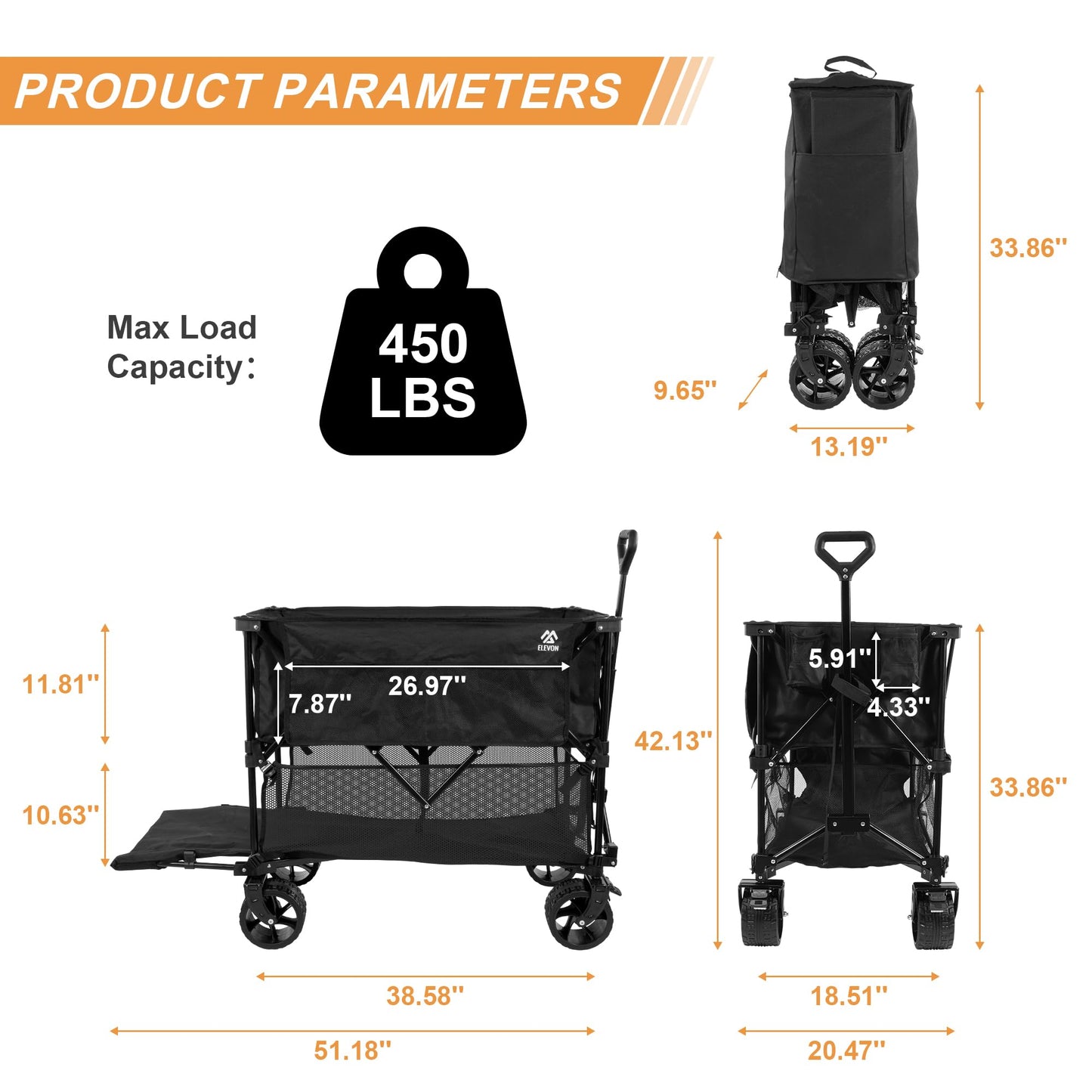 Elevon Collapsible Foldable Wagon, Grocery Beach Cart Large Capacity 450LBS, All Terrain Heavy Duty Cart with Wheels & Drink Holders, Collapsible Wagon Portable for Outdoor Beach Gardening Shopping