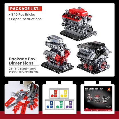 JMBricklayer 3-in-1 Mini Engine Model Car Kits that Runs V8 V12 W16 Engine Kits for Adults &amp Teens Physical Science Experiment STEM Toy Collectible Engineering Gifts for Car Lovers 840PCS
