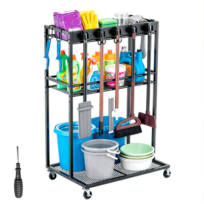 QonicFly Broom Holder with Cleaning Cart on Wheels – 300 lbs Weight Capacity, Holds Upright Vacuum & Steam Mop, Locking Brakes, Slim 22" Wide Storage for Garage Laundry Room, No Tools Assembly