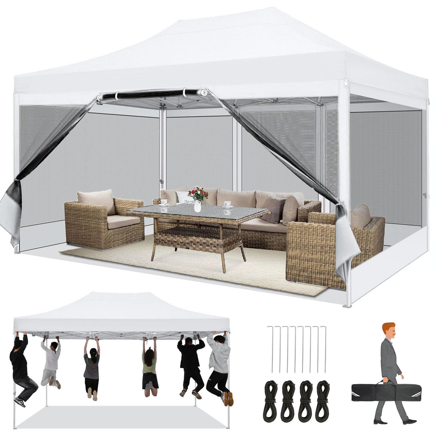 COBIZI 10x15 Heavy Duty Pop Up Canopy with 4 Sidewalls, Commercial Gazebo Party Tent with Mosquito Netting Wall Easy Set Up Outdoor Instant Screen Tent for Backyard, Patio, Garden, White