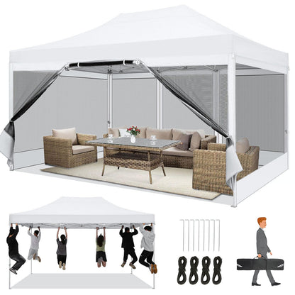COBIZI 10x15 Heavy Duty Pop Up Canopy with 4 Sidewalls, Commercial Gazebo Party Tent with Mosquito Netting Wall Easy Set Up Outdoor Instant Screen Tent for Backyard, Patio, Garden, White