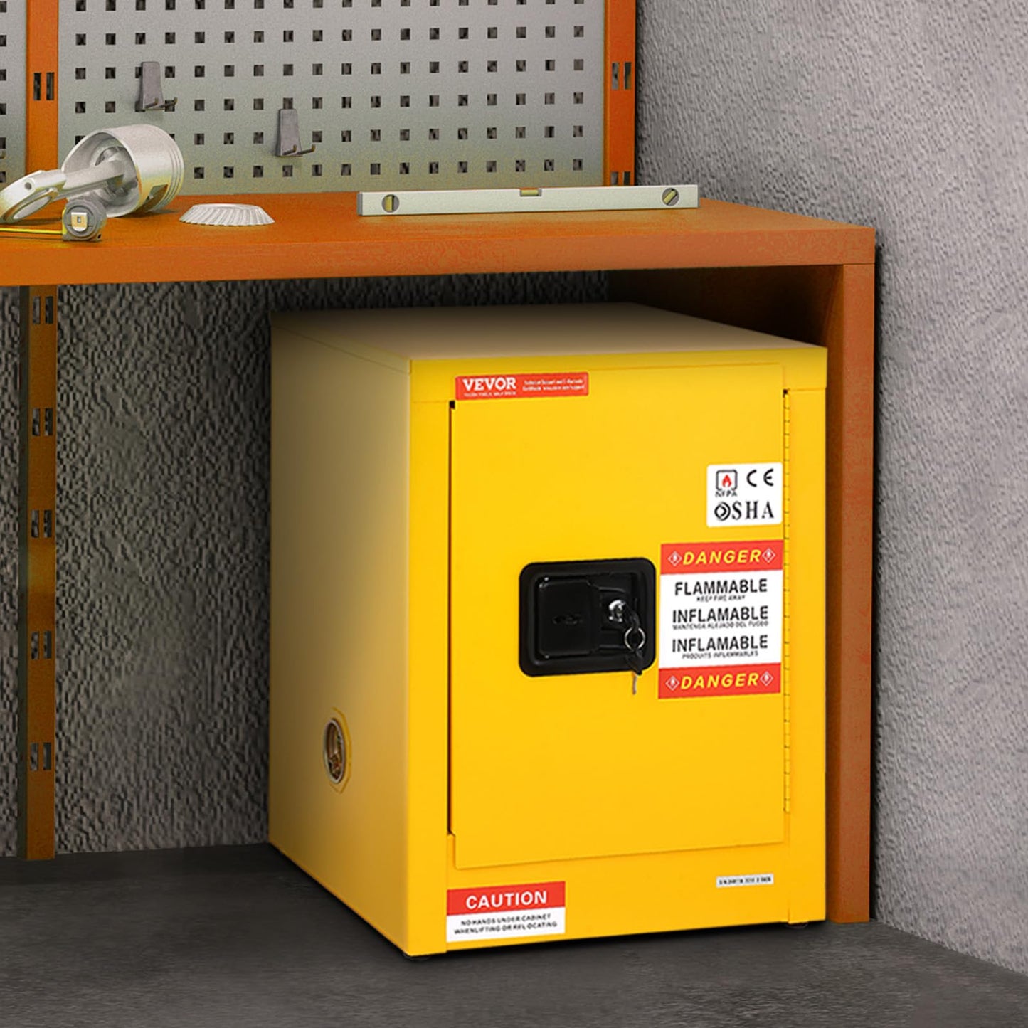 VEVOR Safety 12 Gal, Cold-Rolled Steel Flammable Liquid Storage Cabinet, 16.9 x 16.9 x 22 in Explosion Proof with 1 Adjustable Shelf 1 Door for Commercial Industrial Use, Yellow, SS-559