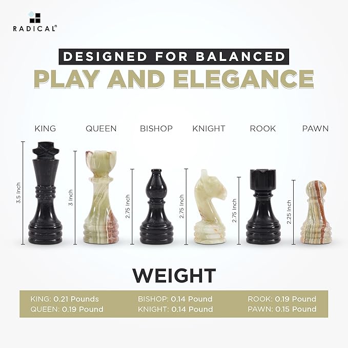 Radicaln Marble Chess Figures 3.5'' Inches Black and Multi Green Handmade Figures for Chess Board Game - Marble Chess Set and Game for Adults Checker Board Game