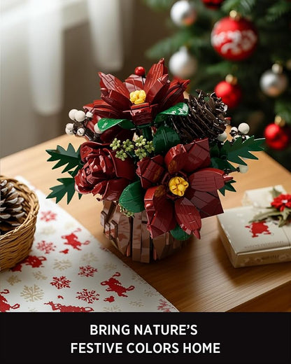 Nifeliz Poinsettia Flowers Building Set Artificial Poinsettia Floral Arrangement for Adults Tabletop Flower Decor for Home or Desk Display (767 PCS NF10347)