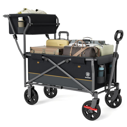 EVER ADVANCED Collapsible Push & Pull Shopping Cart with Wheels & Brakes, Foldable Wagon for Groceries with Practical Basket, Side Pockets & Cup Holders, Beach Utility Rolling Cart for Camping, Black