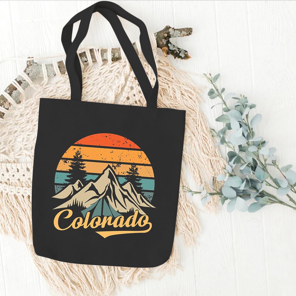 Hiking Camping Canvas Tote Bag for Women Colorado Mountain Shopping Bag Eco-Friendly Reusable Grocery Bag Black